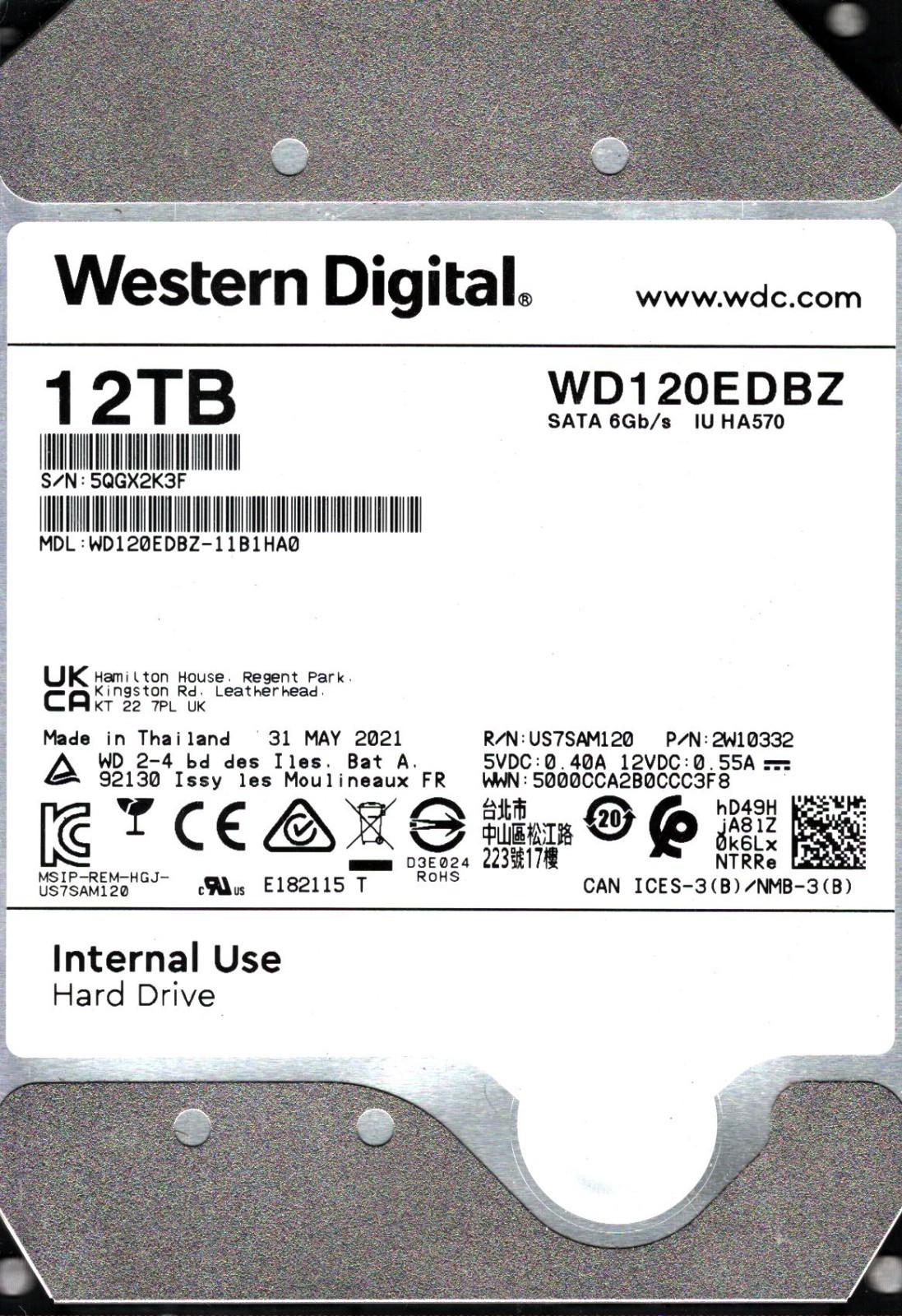 WD120EDBZ-11B1HA0 S/N: 5QGX2 WESTERN DIGITAL 12TB THAILAND MAY 2021