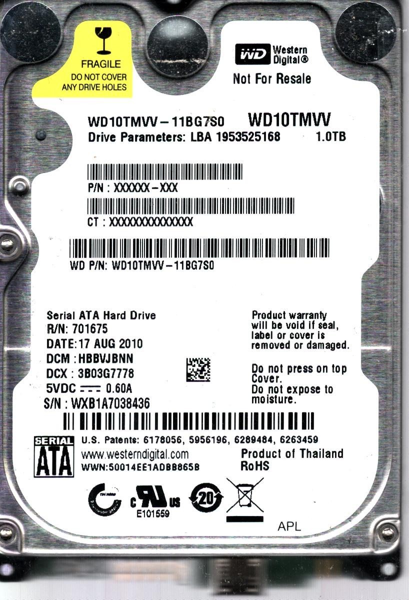 WD10TMVV-11BG7S0 S/N: WXB1A DCM: HBBVJBNN WESTERN DIGITAL 1TB THAILAND AUG 2010