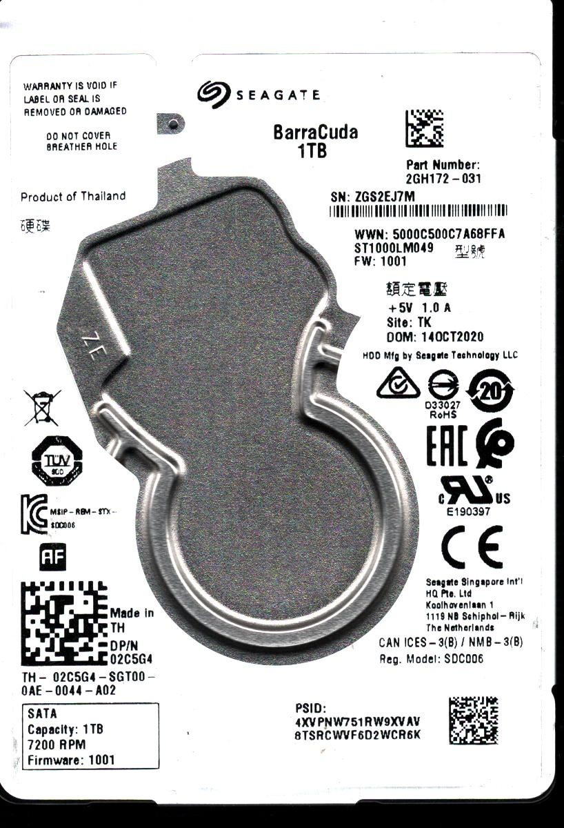 ST1000LM049 P/N: 2GH172-031 F/W: 1001 S/N: ZGS2 TK 1TB OCT 2020 THAILAND SEAGATE