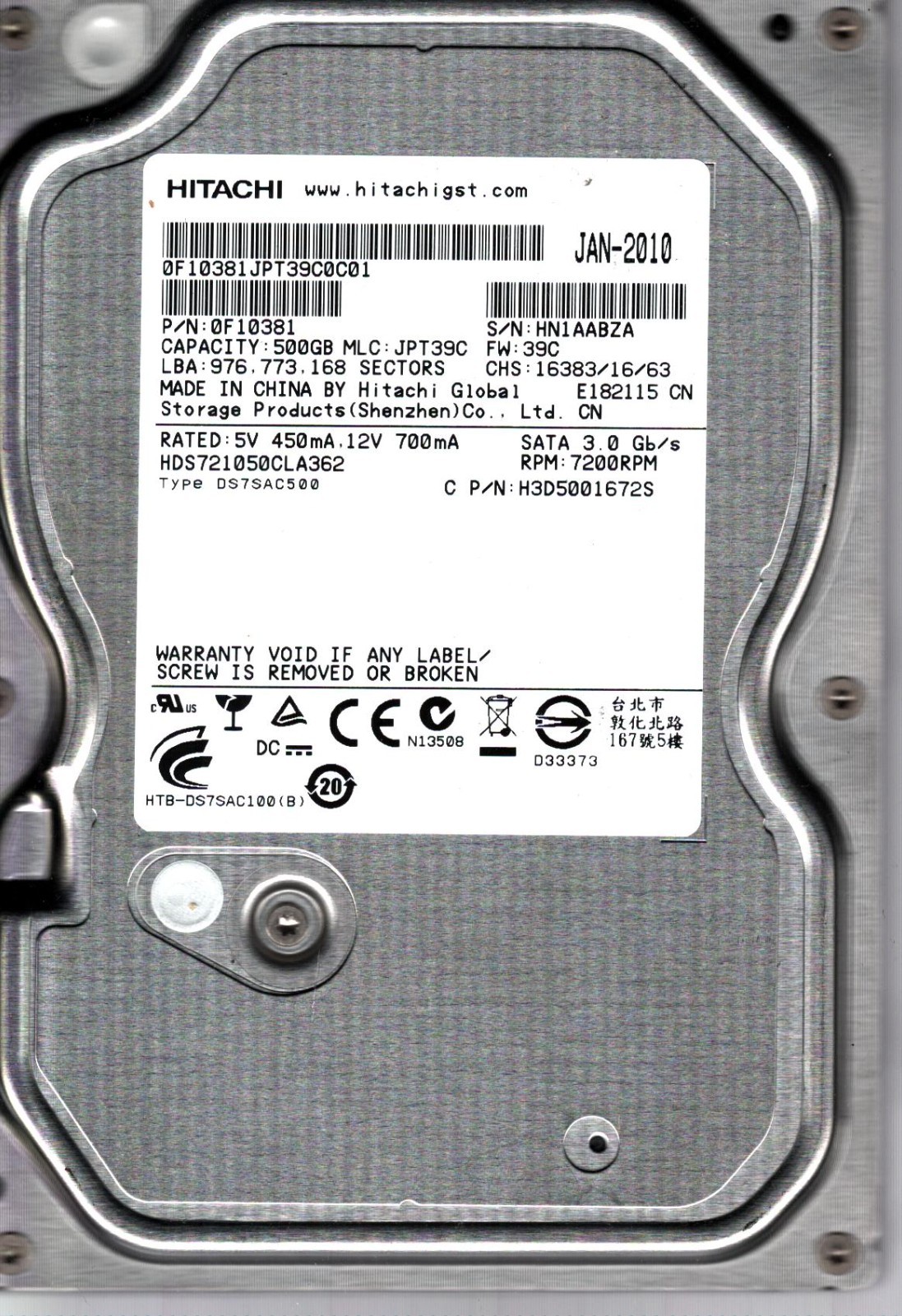 HDS721050CLA362 S/N: HN1AA P/N: 0F10381 MLC: JPT39C 500GB Hitachi CHINA JAN 2010