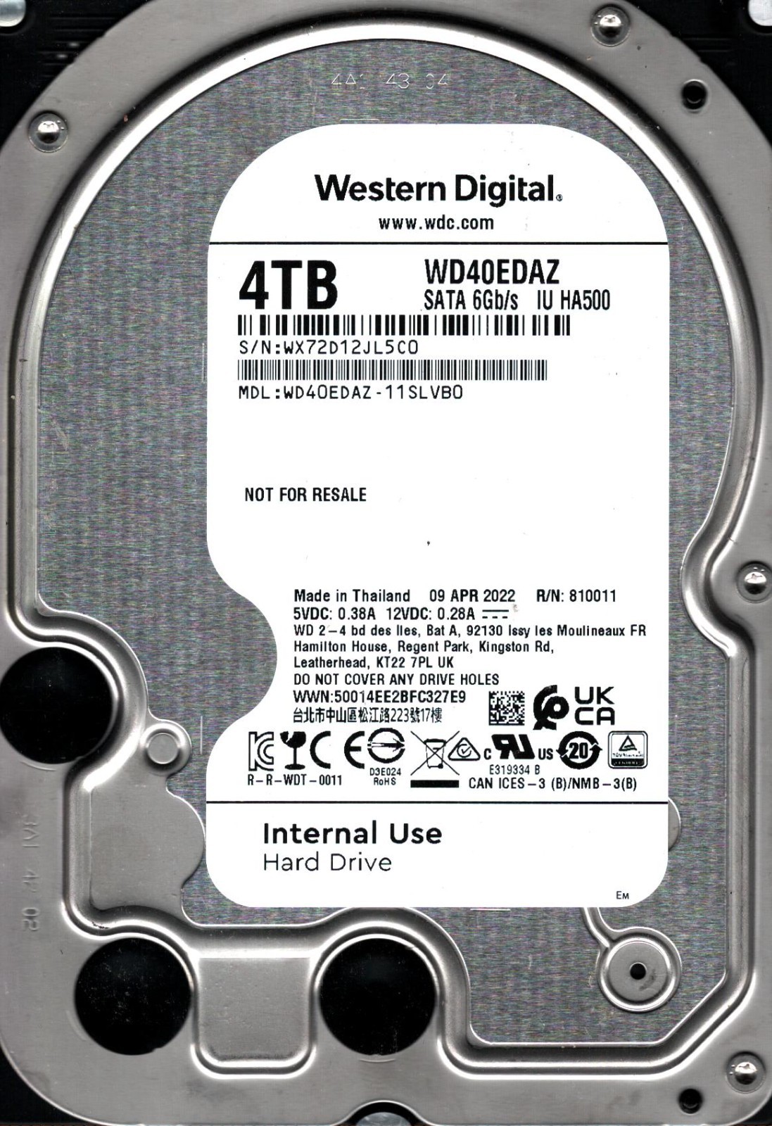 WD40EDAZ-11SLVB0 S/N: WX72D WESTERN DIGITAL 4TB THAILAND APR 2022