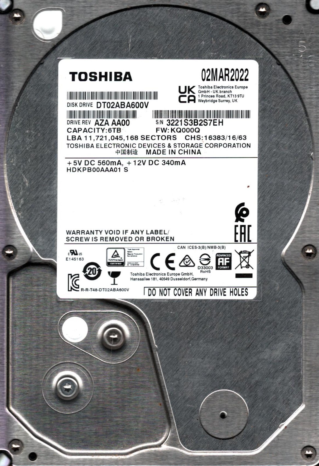DT02ABA600V HDKPB00AAA01 S S/N: 3221S REV: AZA AA00 6TB MAR 2022 CHINA TOSHIBA