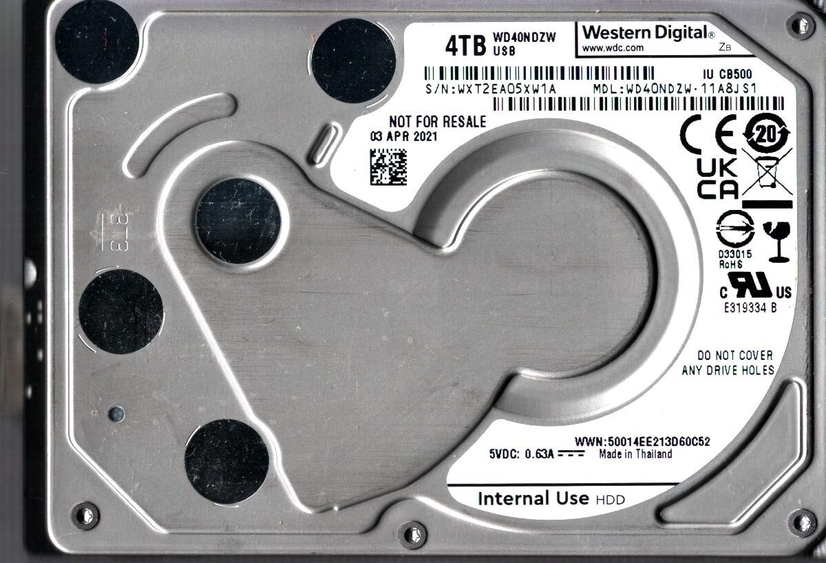 WD40NDZW-11A8JS1 S/N: WXT2E WESTERN DIGITAL 4TB THAILAND APR 2021