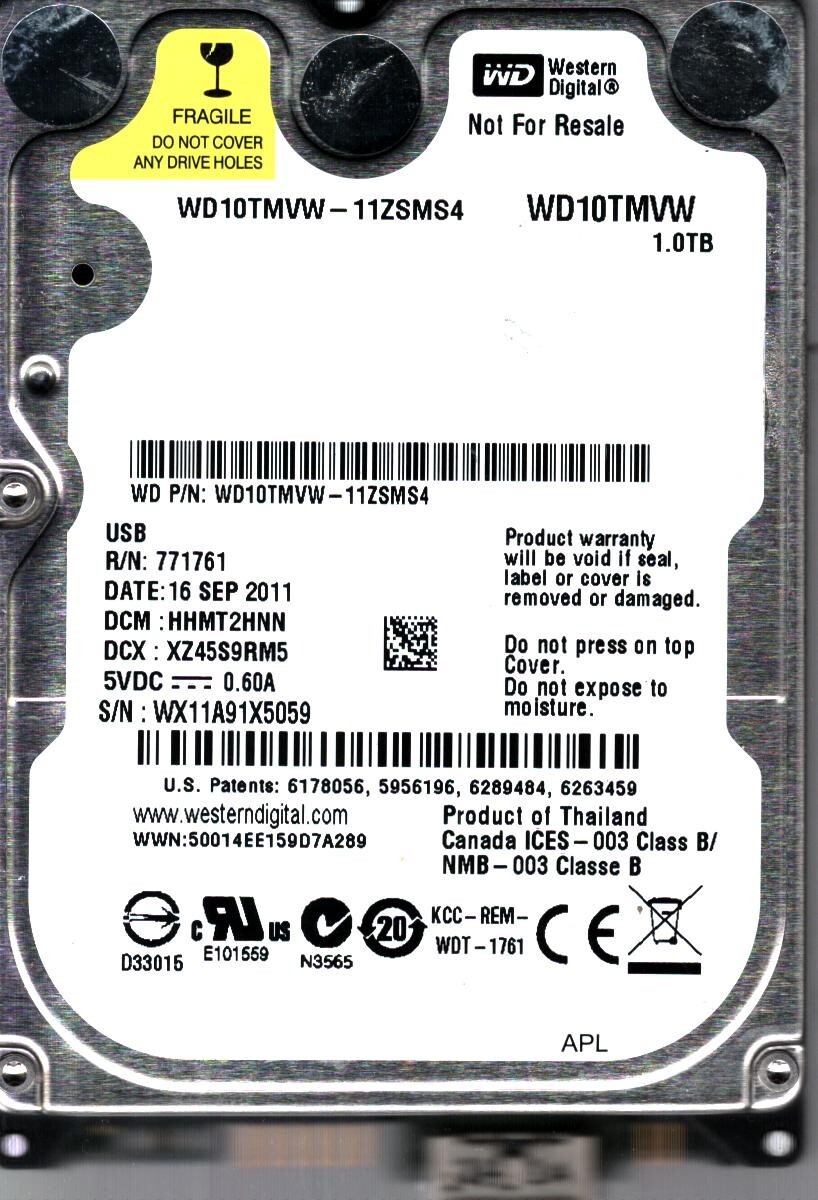 WD10TMVW-11ZSMS4 S/N: WX11A DCM: HHMT2HNN WESTERN DIGITAL 1TB THAILAND SEP 2011