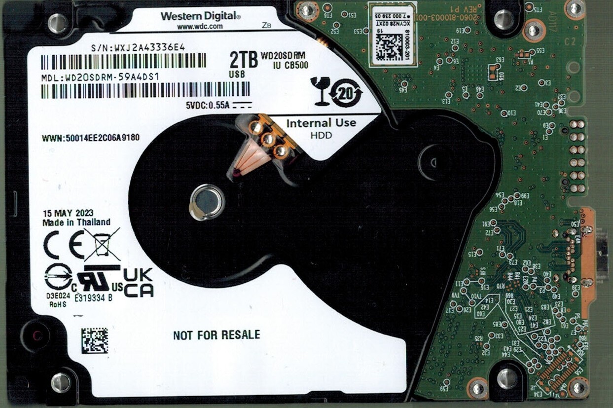 WD20SDRM-59A4DS1 S/N: WXJ2A WESTERN DIGITAL 2TB THAILAND MAY 2023