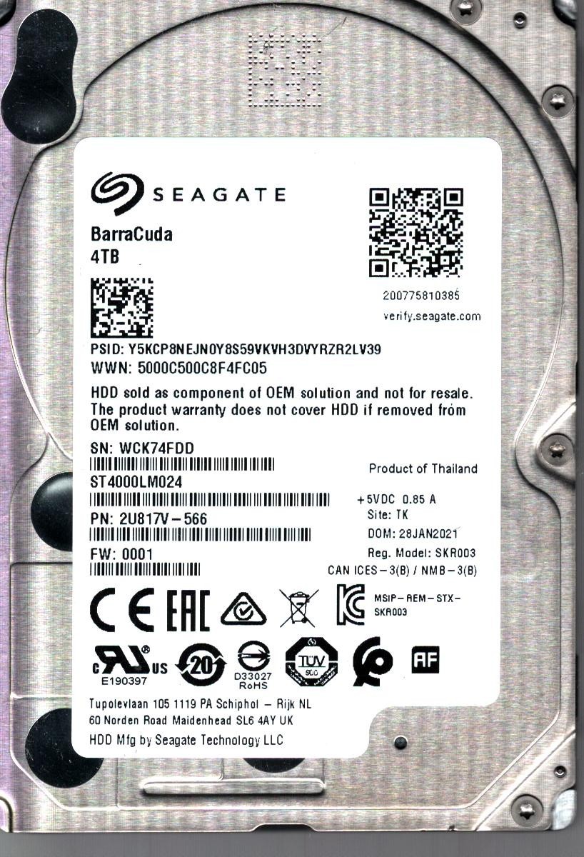 ST4000LM024 P/N: 2U817V-566 F/W: 0001 S/N: WCK7 TK 4TB JAN 2021 THAILAND SEAGATE