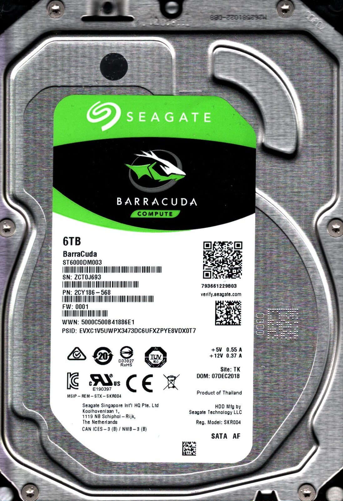 ST6000DM003 P/N: 2CY186-568 F/W: 0001 S/N: ZCT0 TK 6TB DEC 2018 THAILAND SEAGATE