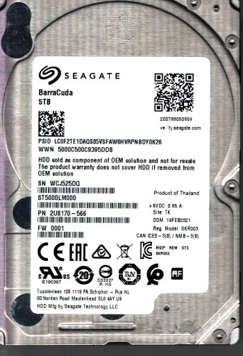 ST5000LM000 P/N: 2U8170-566 F/W: 0001 S/N: WCJ52 5TB FEB 2021 THAILAND SEAGATE