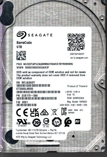 ST5000LM000 P/N: 2U8170-566 F/W: 0001 S/N: WCJAS 5TB NOV 2024 THAILAND SEAGATE