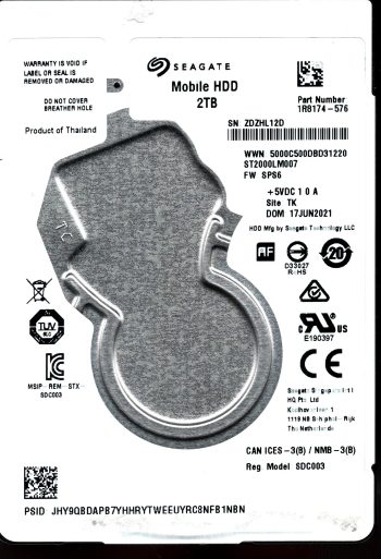 ST2000LM007 P/N: 1R8174-576 F/W: SPS6 S/N: ZDZHL 2TB JUN 2021 THAILAND SEAGATE