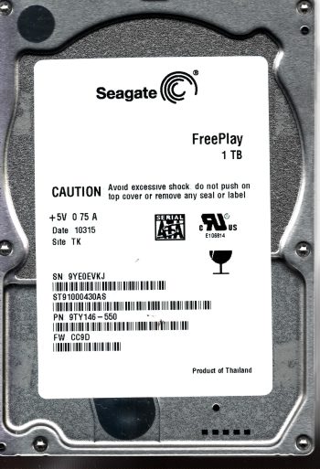 ST91000430AS P/N: 9TY146-550 F/W: CC9D S/N: 9YE0E 1TB 10315 THAILAND SEAGATE