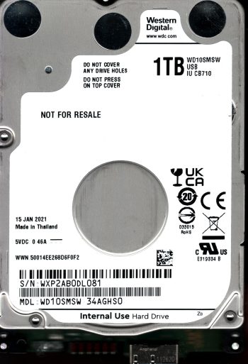 WD10SMSW-34AGHS0 S/N: WXP2A WESTERN DIGITAL 1TB THAILAND JAN 2021