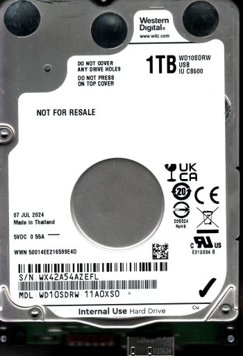 WD10SDRW-11A0XS0 S/N: WX42A WESTERN DIGITAL 1TB THAILAND JUL 2024